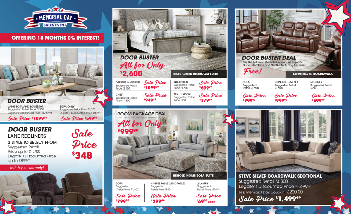 Memorial Day Sale at Legate's Furniture World