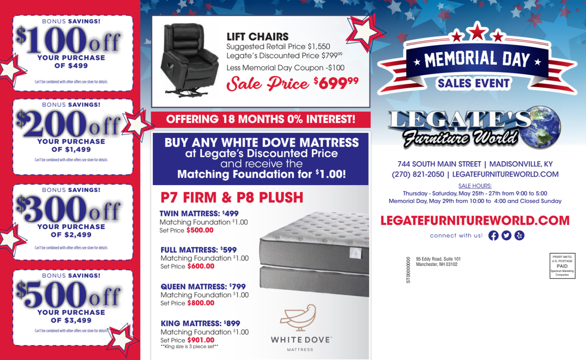 Memorial Day Sale at Legate's Furniture World